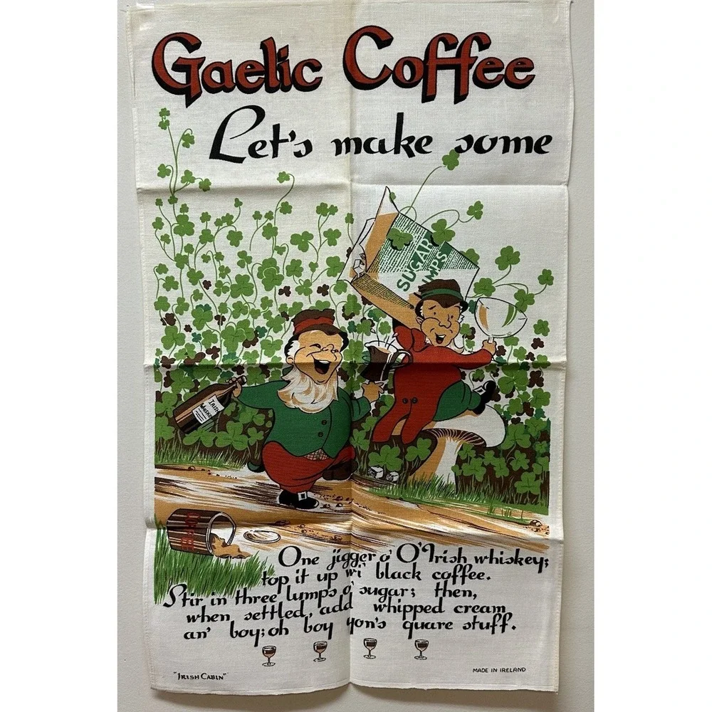 Vtg Irish Linen Tea Towel Gaelic Coffee Leprechaun Wall Hanging Made Ireland